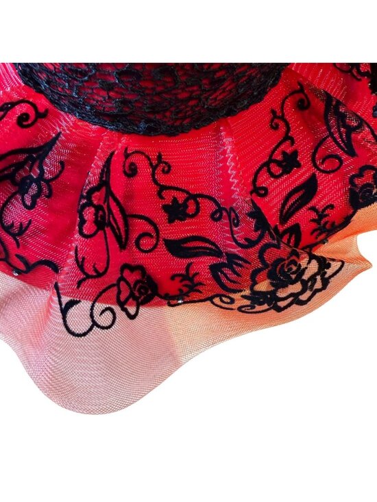 Ms Divine Elegant Red & Black Lace Wide Brim Hat Derby Church NEW main image 6